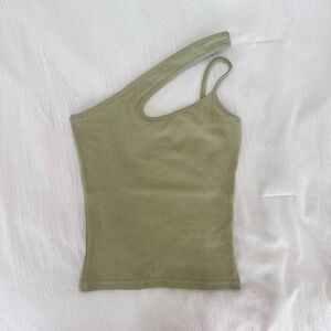Beige Botany Olive Green Asymmetrical One Shoulder Tank Top in Size S